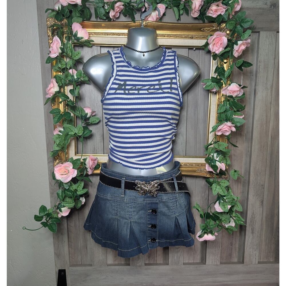 Y2K “Merci!” Striped Baby Tank ✧ Blue & White Ribbed Coquette Top